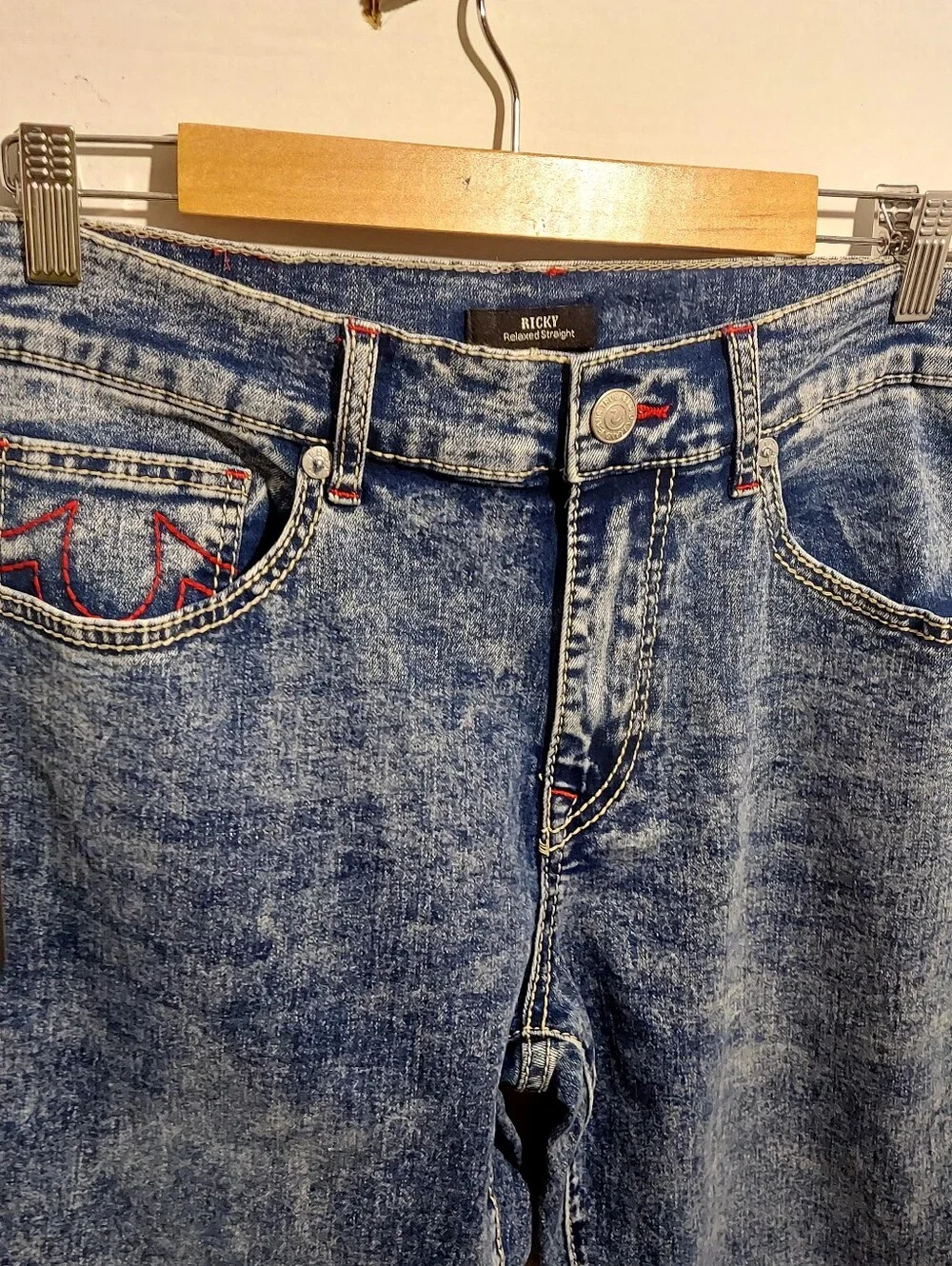 True Religion Ricky Big T Relaxed Straight Jeans 33x33 No Pocket Flap Acid Wash